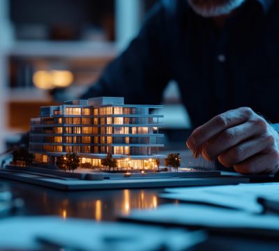 Architect reviewing illuminated building model at night