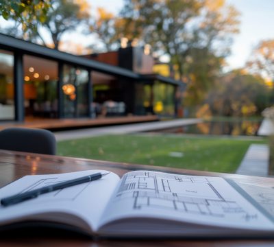 A modern home with large windows and a landscaped yard. The home has a flat roof and a modern design. The yard is surrounded by trees and bushes. The home is built in a wooded area with a pond in the yard.