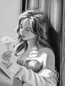 illustration d'une jeune femme assise adossé à un voilage, épaule gauche découverte observant une rose tenue délicarement par sa main droite